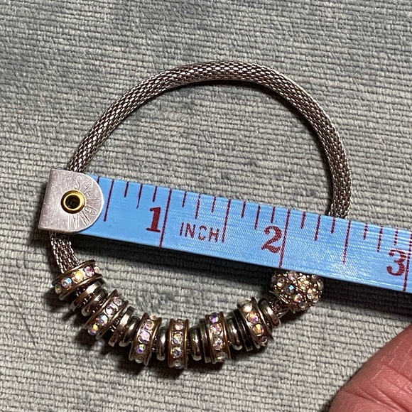 Macy’s mesh stretch bracelet with silver tone, rhinestones, floating beads EUC - Picture 4 of 9